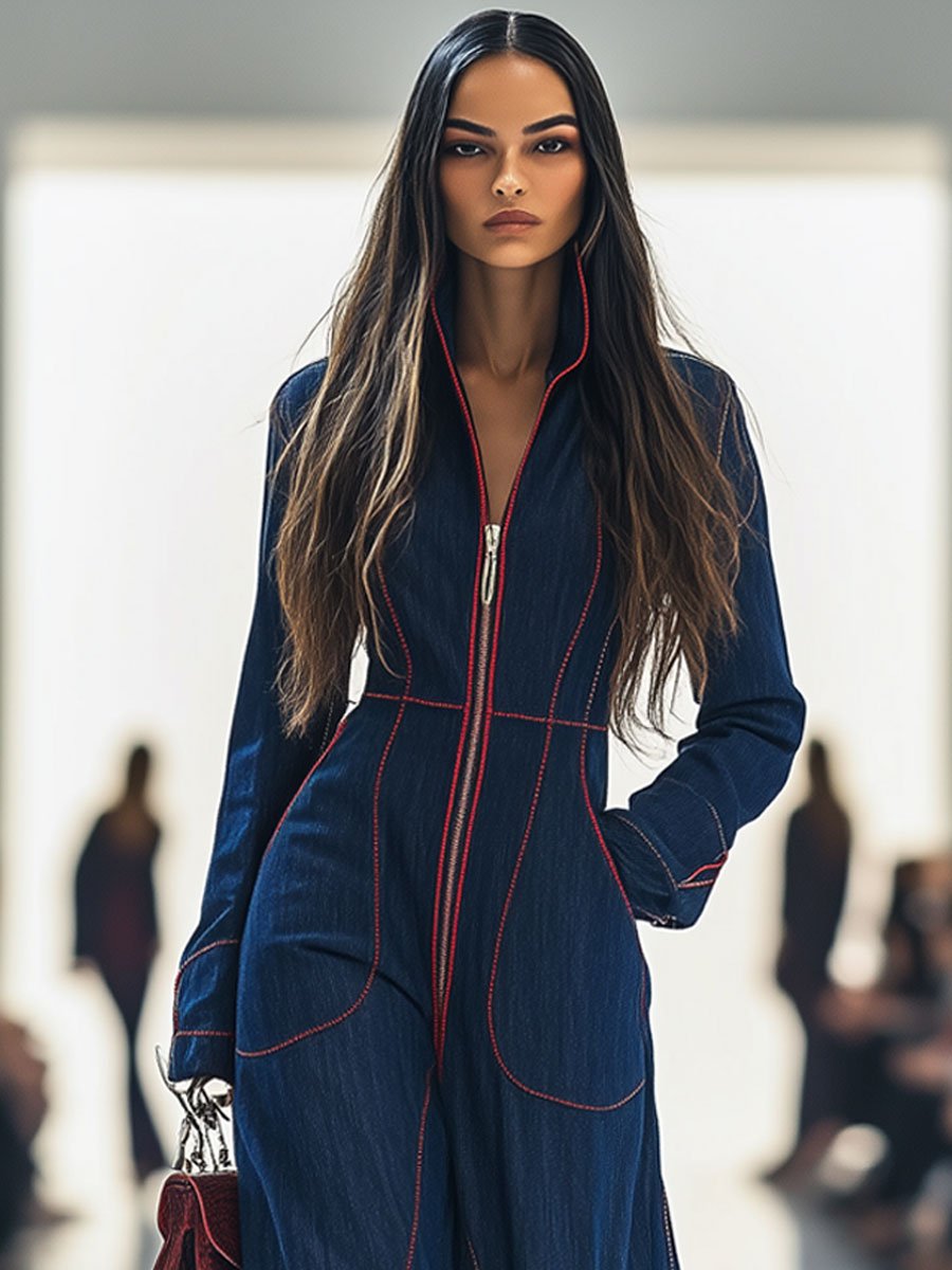 Denim Wide Leg Long Sleeve Jumpsuit