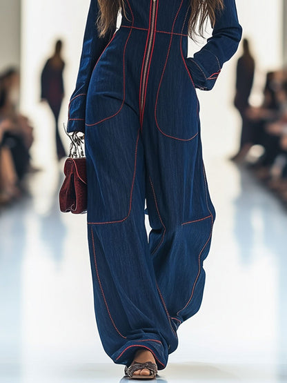 Denim Wide Leg Long Sleeve Jumpsuit