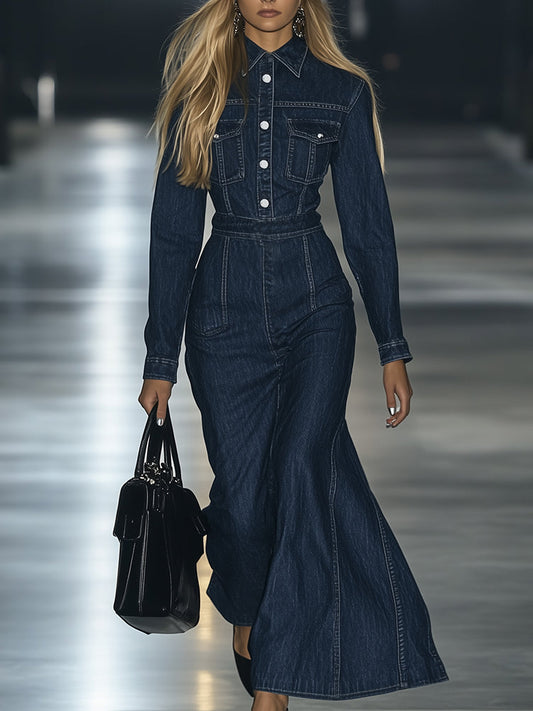 Vintage Lace-up Long Sleeve Denim Maxi Dress