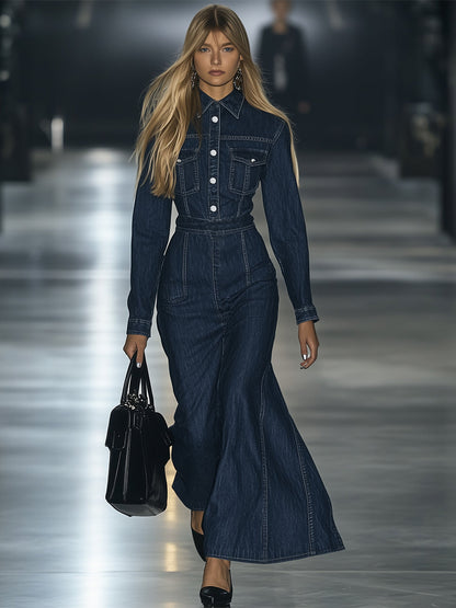 Vintage Lace-up Long Sleeve Denim Maxi Dress