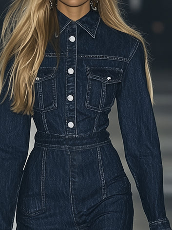 Vintage Lace-up Long Sleeve Denim Maxi Dress