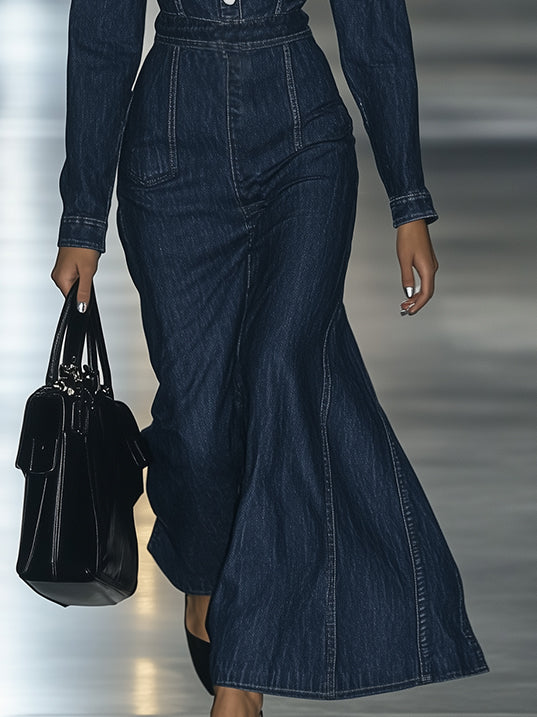 Vintage Lace-up Long Sleeve Denim Maxi Dress