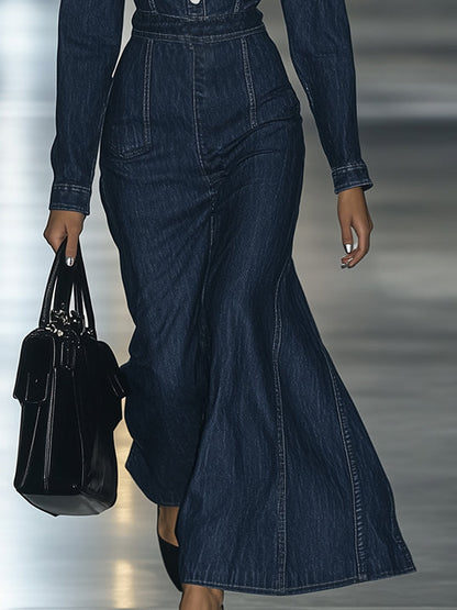 Vintage Lace-up Long Sleeve Denim Maxi Dress