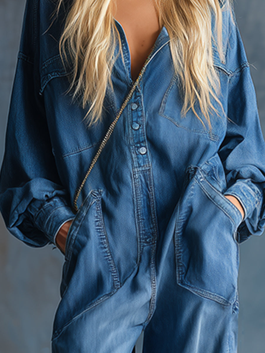 Hooded Blue Denim Button-front Long-sleeved Jumpsuit