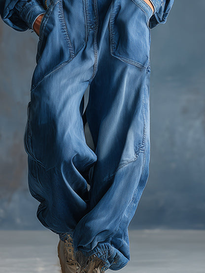 Hooded Blue Denim Button-front Long-sleeved Jumpsuit