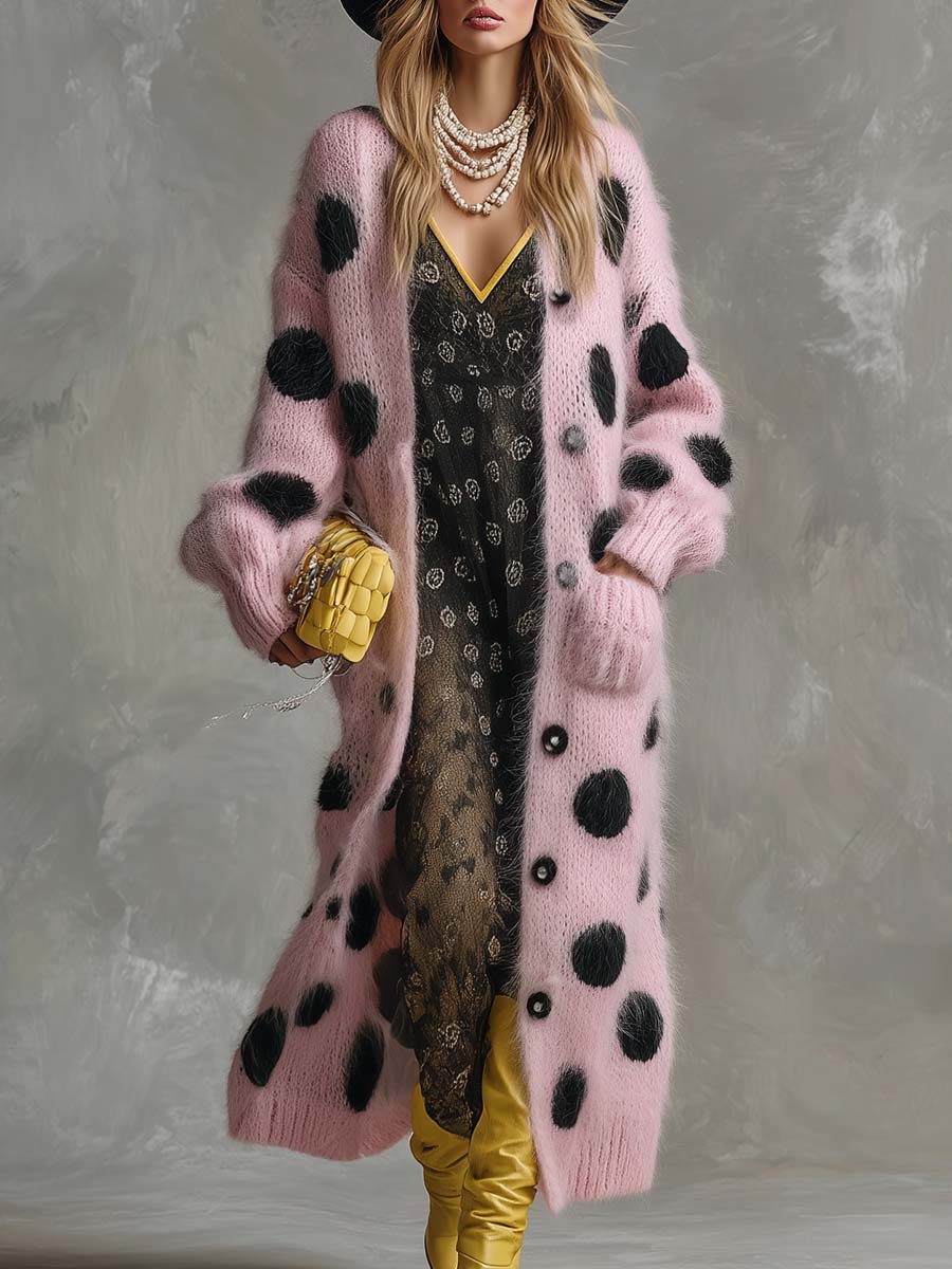 Pink Imitation Rabbit Fur Knitted Long-sleeved Cardigan