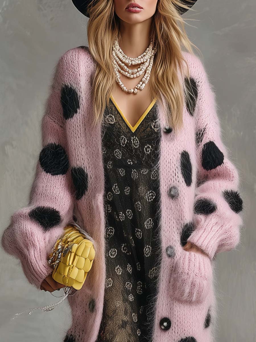 Pink Imitation Rabbit Fur Knitted Long-sleeved Cardigan