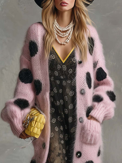 Pink Imitation Rabbit Fur Knitted Long-sleeved Cardigan