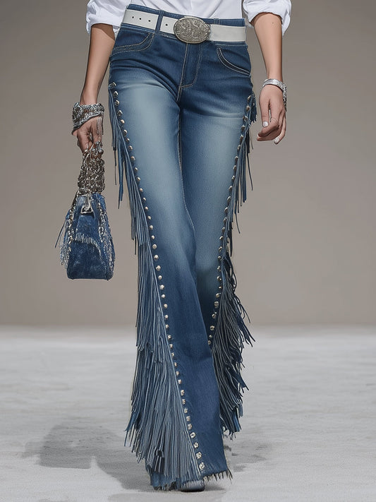 Blue Denim Side Tassel Rivet Flared Pants