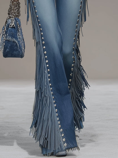 Blue Denim Side Tassel Rivet Flared Pants