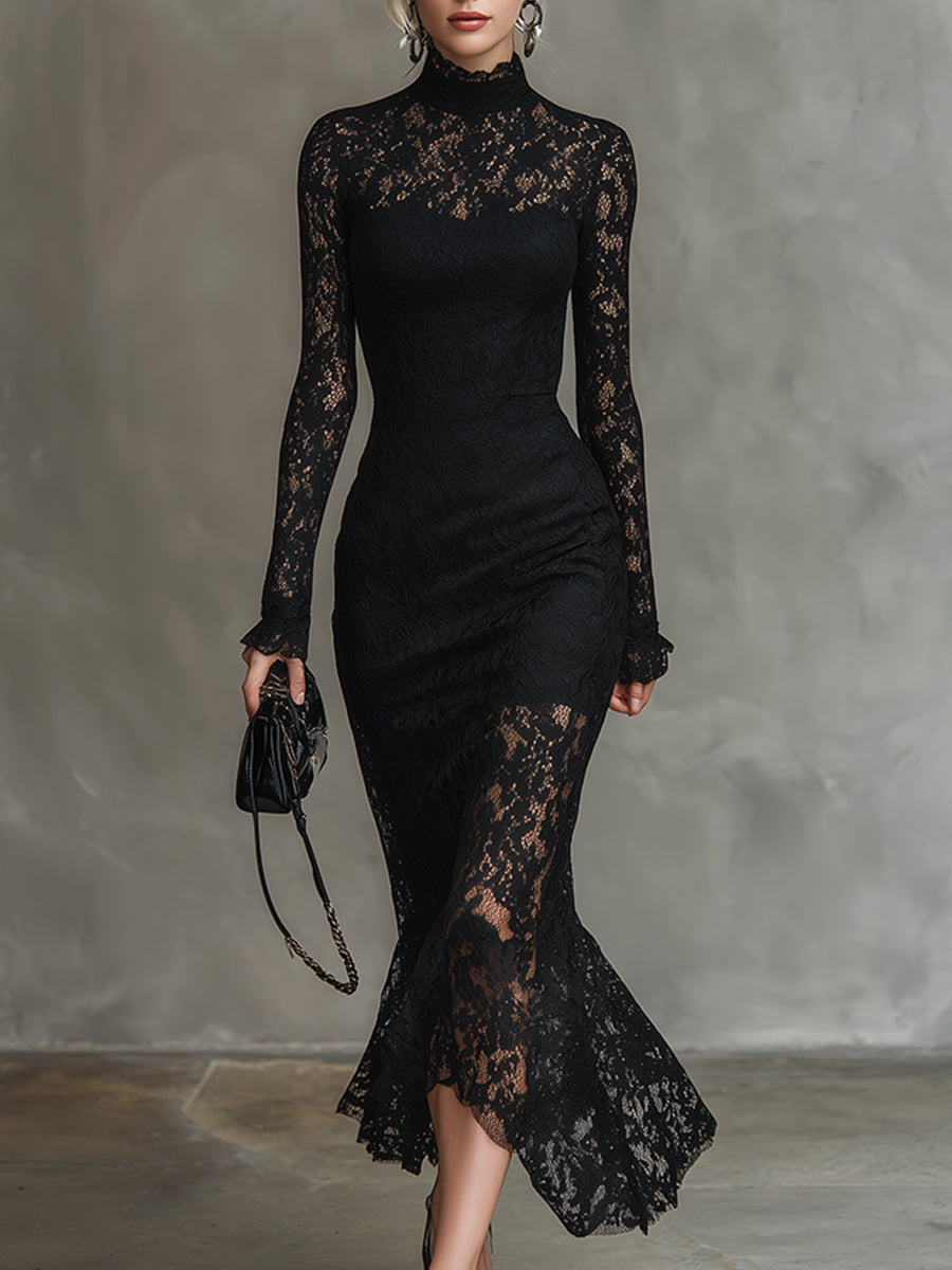 Black Stretch Lace Fishtail Maxi Dress