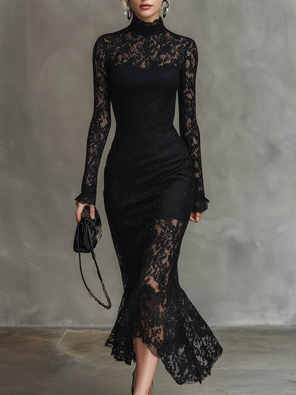 Black Stretch Lace Fishtail Maxi Dress