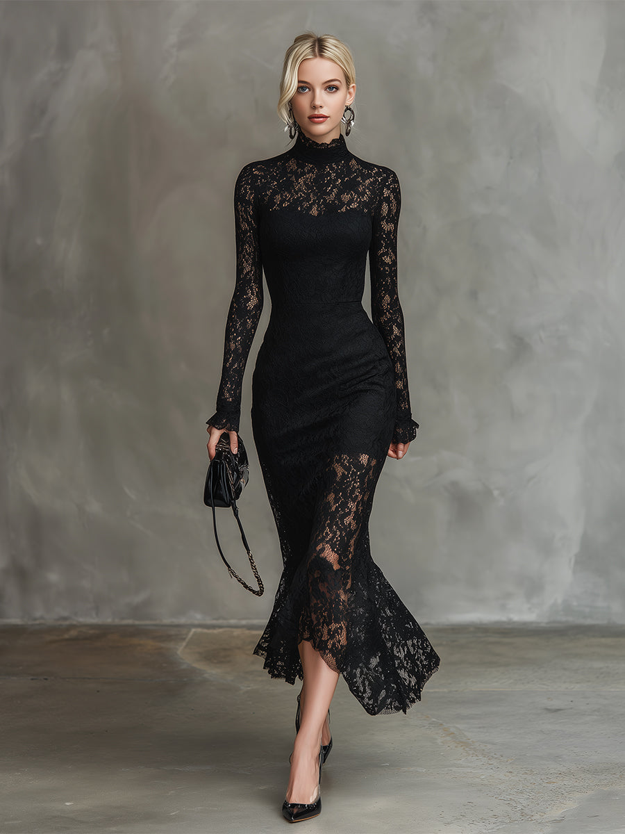 Black Stretch Lace Fishtail Maxi Dress