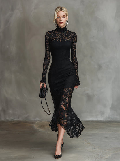 Black Stretch Lace Fishtail Maxi Dress