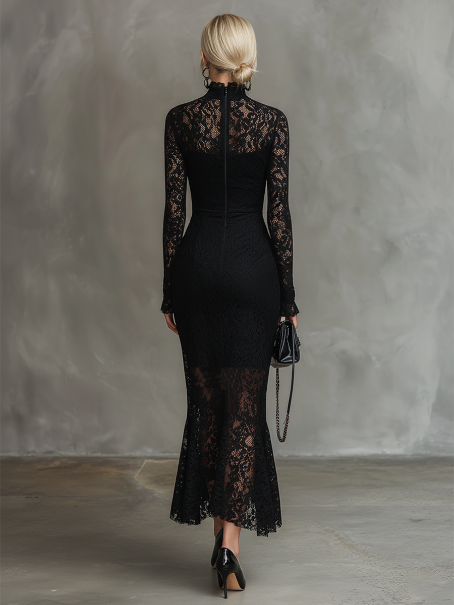 Black Stretch Lace Fishtail Maxi Dress