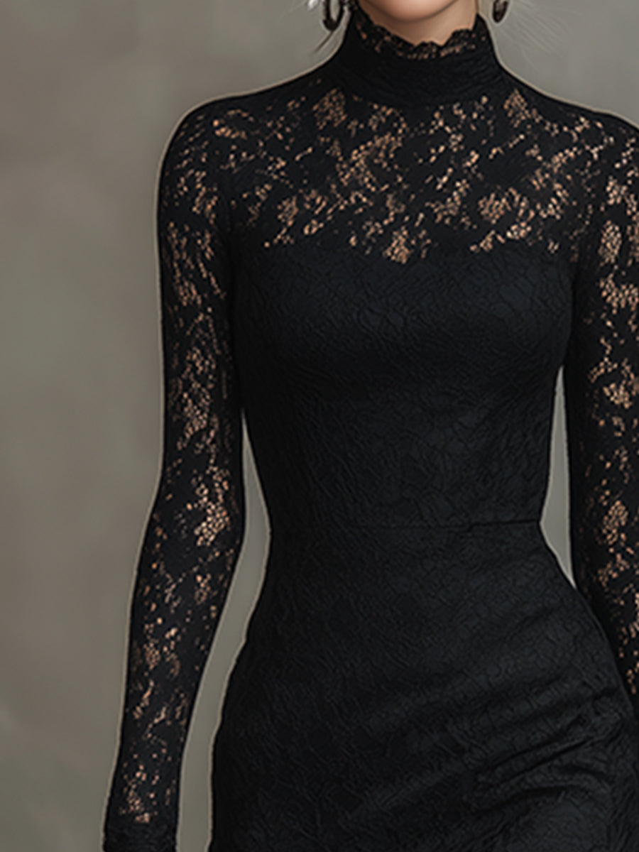 Black Stretch Lace Fishtail Maxi Dress
