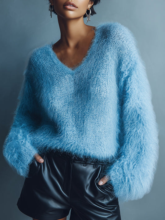 Light Blue V-neck Long Wool Knitted Sweater