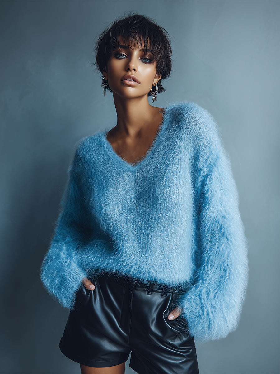 Light Blue V-neck Long Wool Knitted Sweater