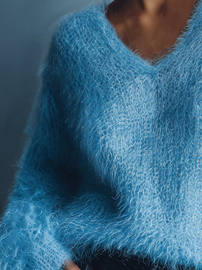 Light Blue V-neck Long Wool Knitted Sweater