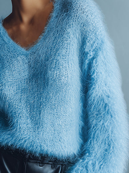 Light Blue V-neck Long Wool Knitted Sweater