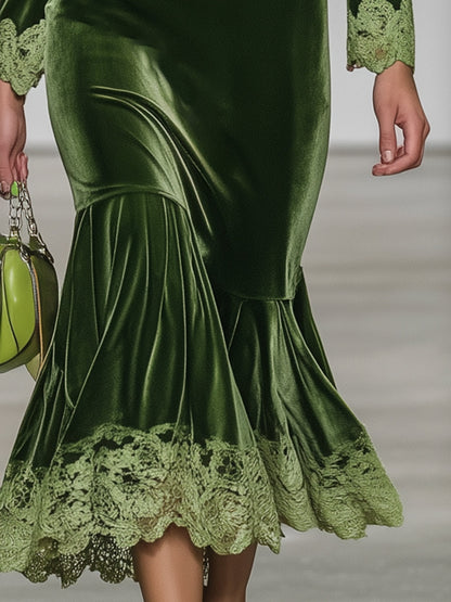 Elegant Green Velvet V-Neck Patchwork Lace Midi Dress