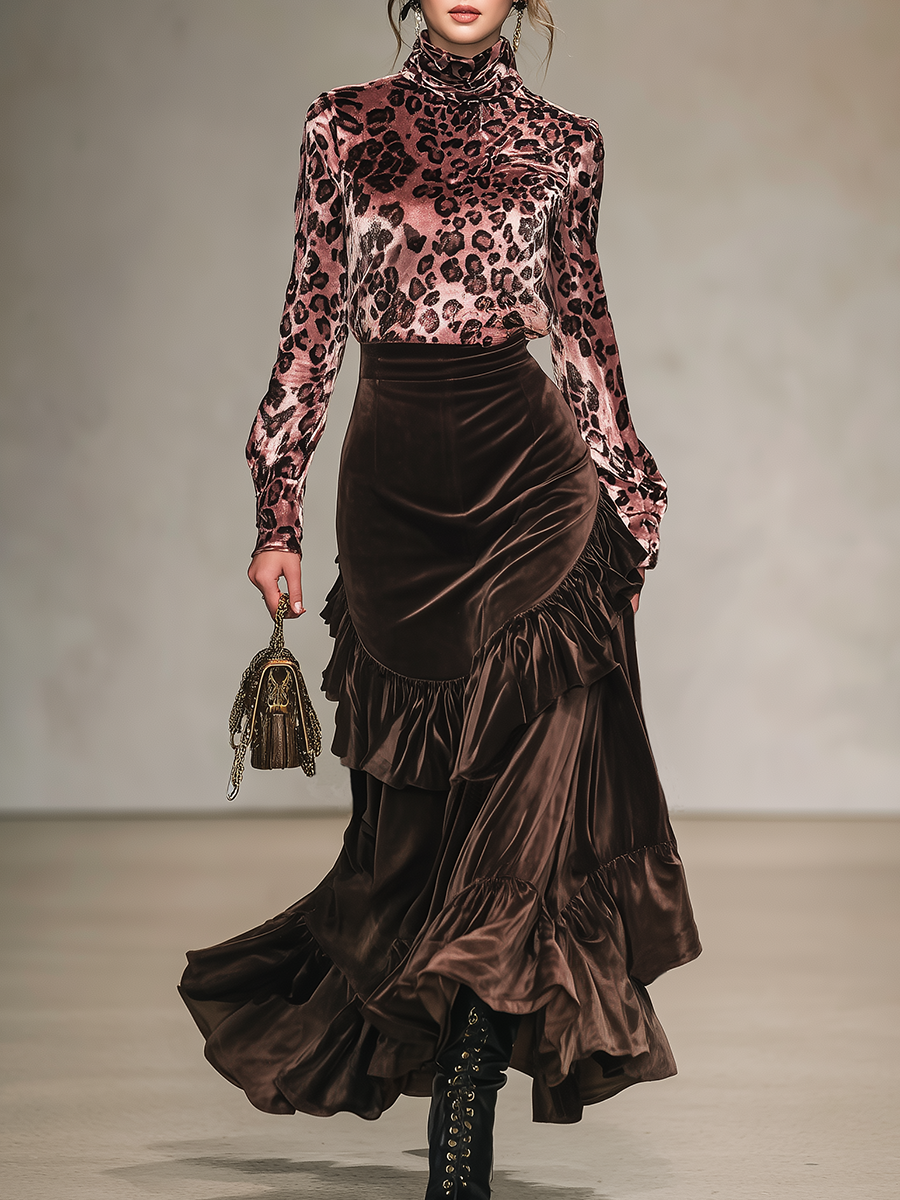 Leopard Print Stand-up Collar Velvet T-shirt And Ruffled Skirt Set
