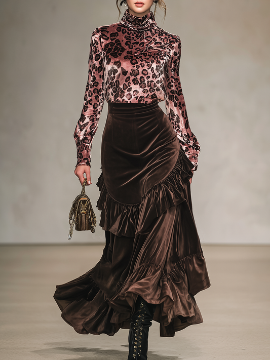 Leopard Print Stand-up Collar Velvet T-shirt And Ruffled Skirt Set