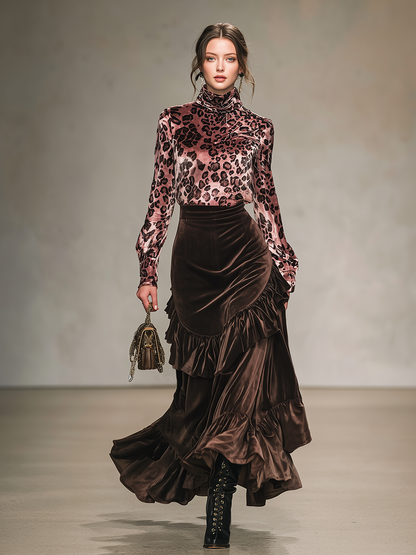 Leopard Print Stand-up Collar Velvet T-shirt And Ruffled Skirt Set