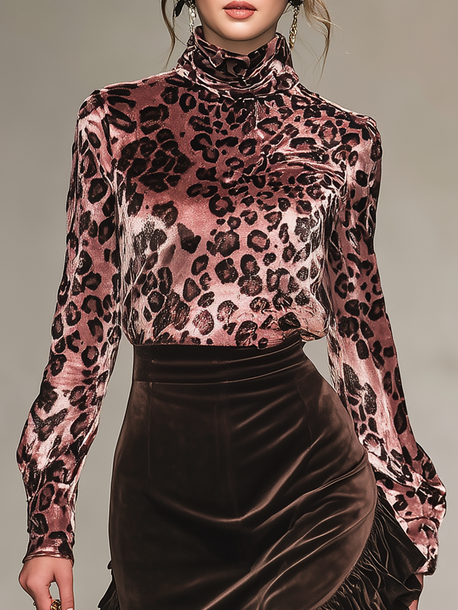 Leopard Print Stand-up Collar Velvet T-shirt And Ruffled Skirt Set