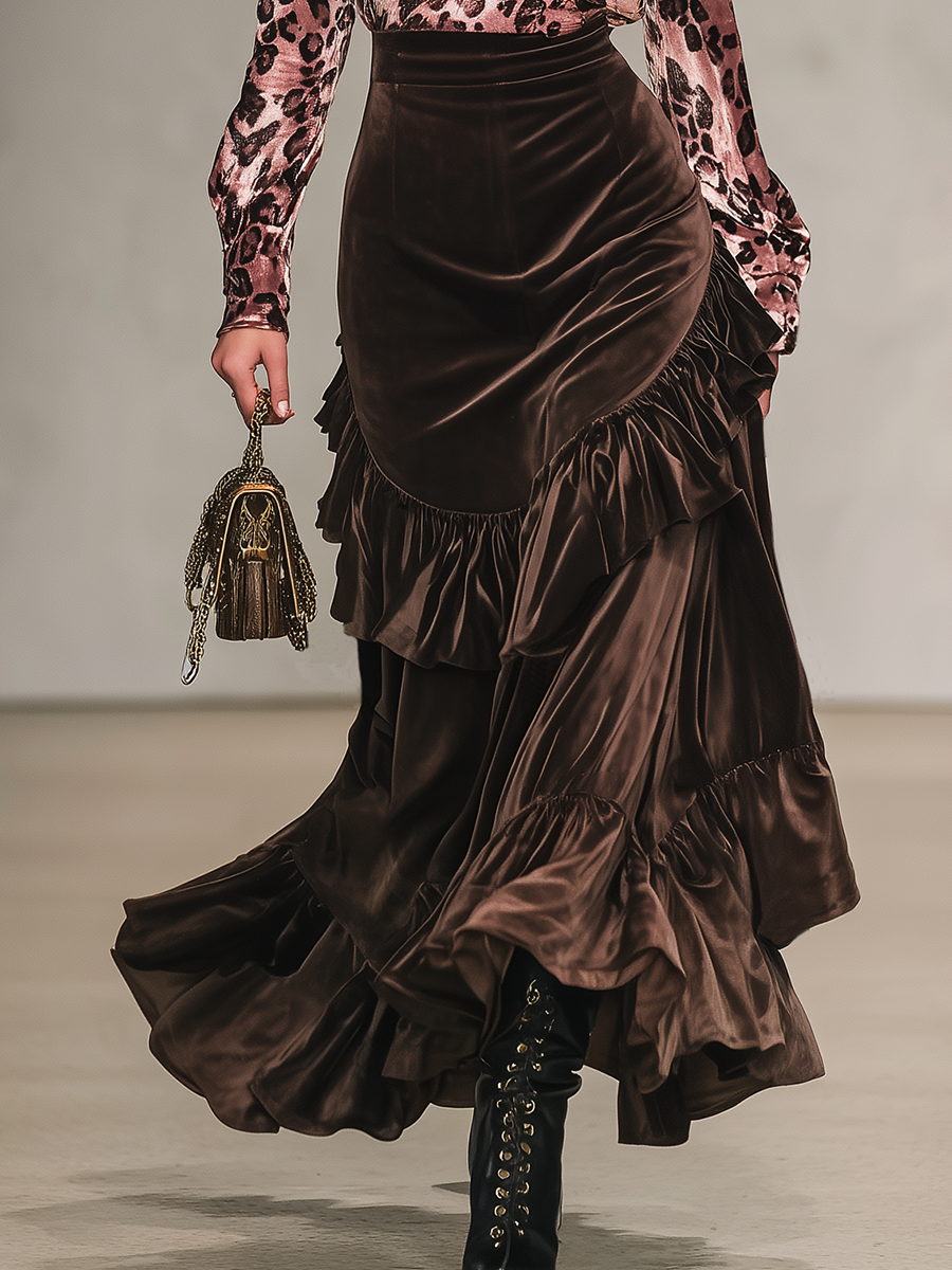 Leopard Print Stand-up Collar Velvet T-shirt And Ruffled Skirt Set