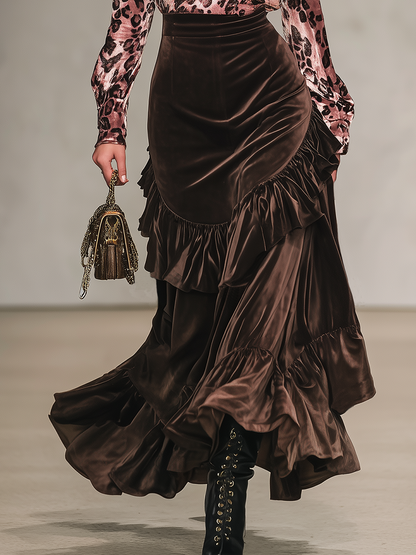 Leopard Print Stand-up Collar Velvet T-shirt And Ruffled Skirt Set