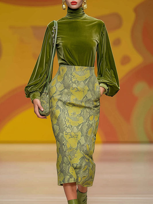 Moss Green Velvet Turtleneck Long-sleeved T-shirt And Snakeskin Skirt Set