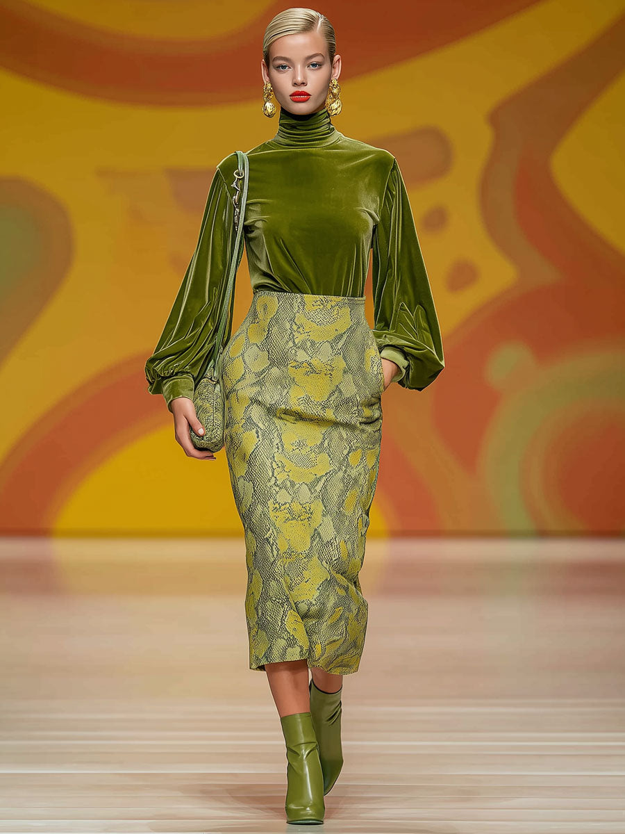 Moss Green Velvet Turtleneck Long-sleeved T-shirt And Snakeskin Skirt Set