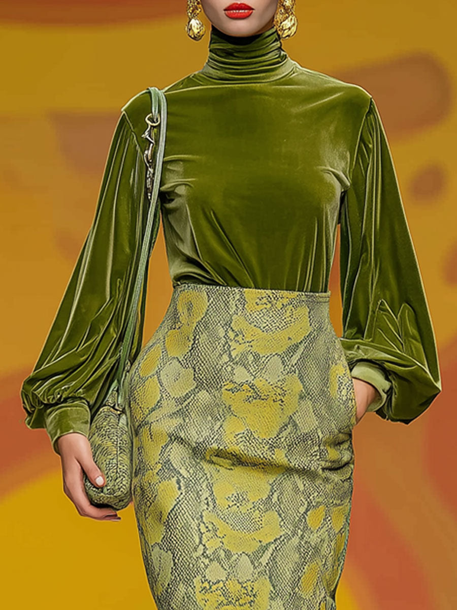 Moss Green Velvet Turtleneck Long-sleeved T-shirt And Snakeskin Skirt Set