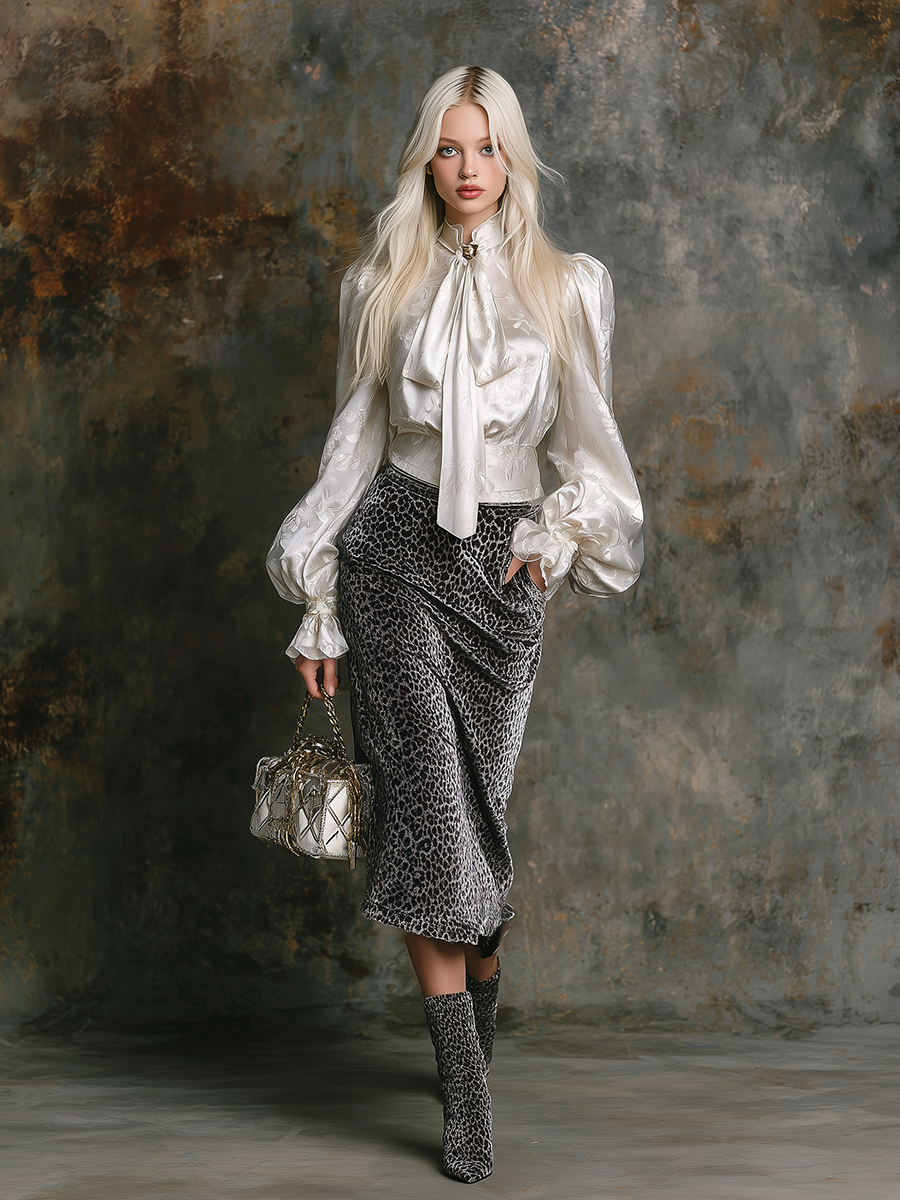 Jacquard Satin Shirt And Leopard Print Velvet Skirt Set