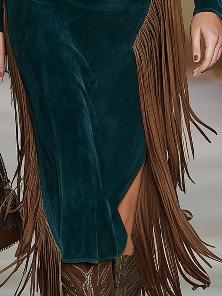 Green Faux Suede One-Shoulder Slit Patchwork Tassel Midi Dress