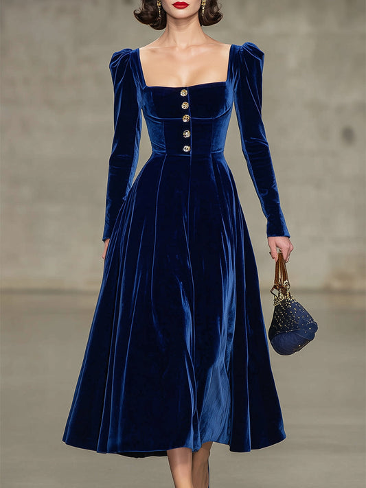 Elegant Blue Velvet Square Neck Button Midi Dress