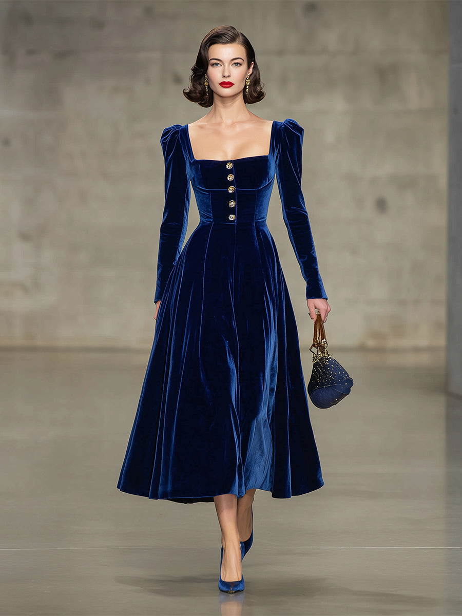 Elegant Blue Velvet Square Neck Button Midi Dress