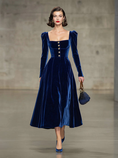 Elegant Blue Velvet Square Neck Button Midi Dress