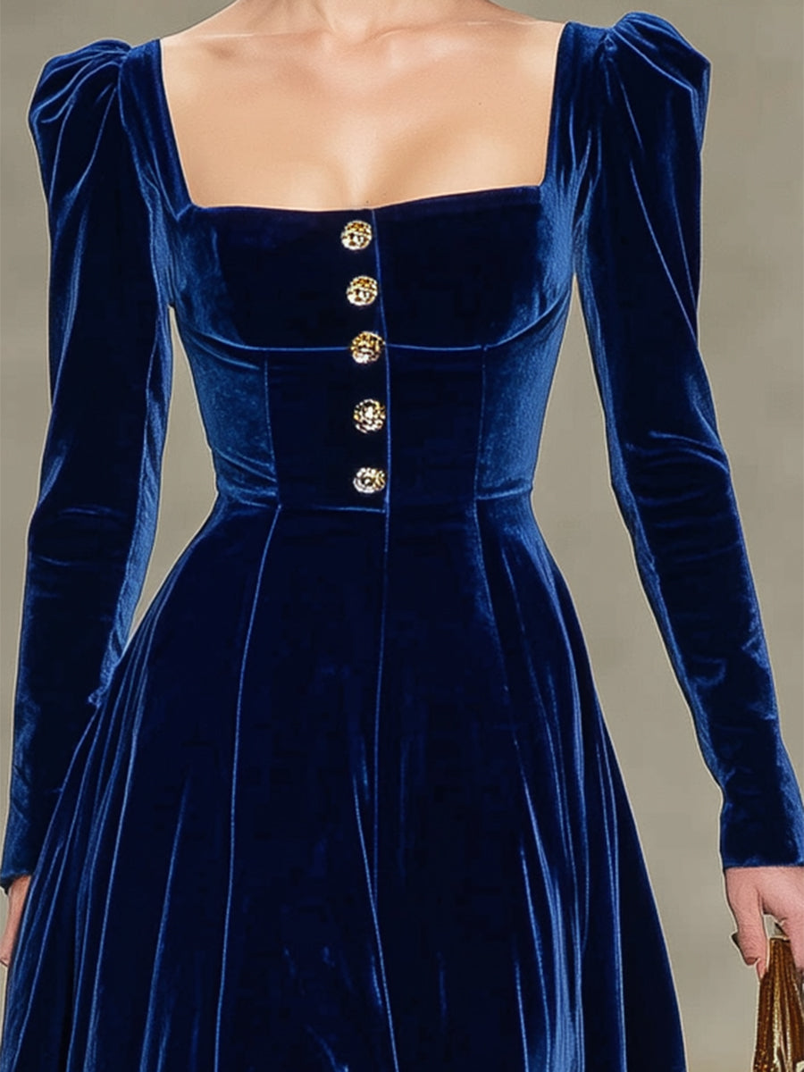 Elegant Blue Velvet Square Neck Button Midi Dress