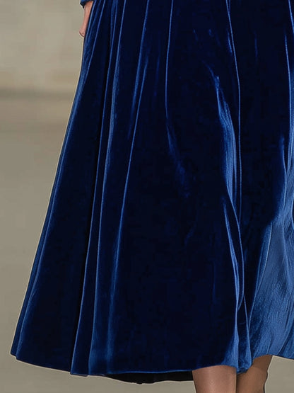 Elegant Blue Velvet Square Neck Button Midi Dress