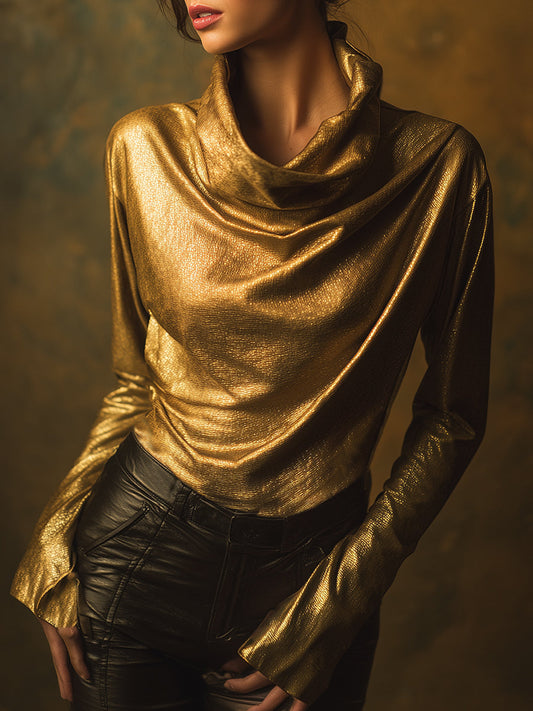 Gold Turtleneck Metallic Blouse