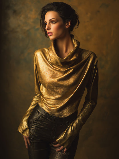 Gold Turtleneck Metallic Blouse