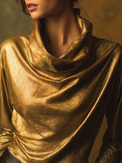 Gold Turtleneck Metallic Blouse