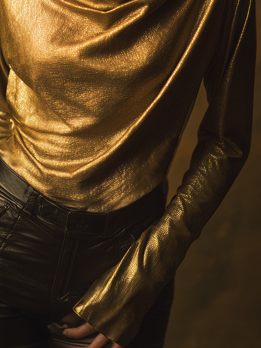 Gold Turtleneck Metallic Blouse