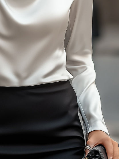 Elegant White Satin Blouse With Draped Neckline