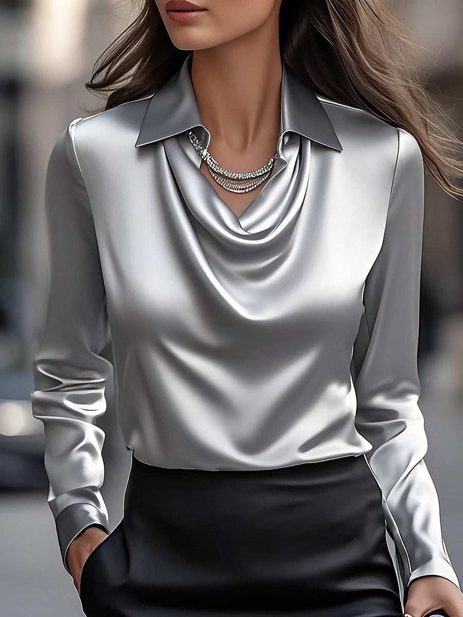 Elegant White Satin Blouse With Draped Neckline