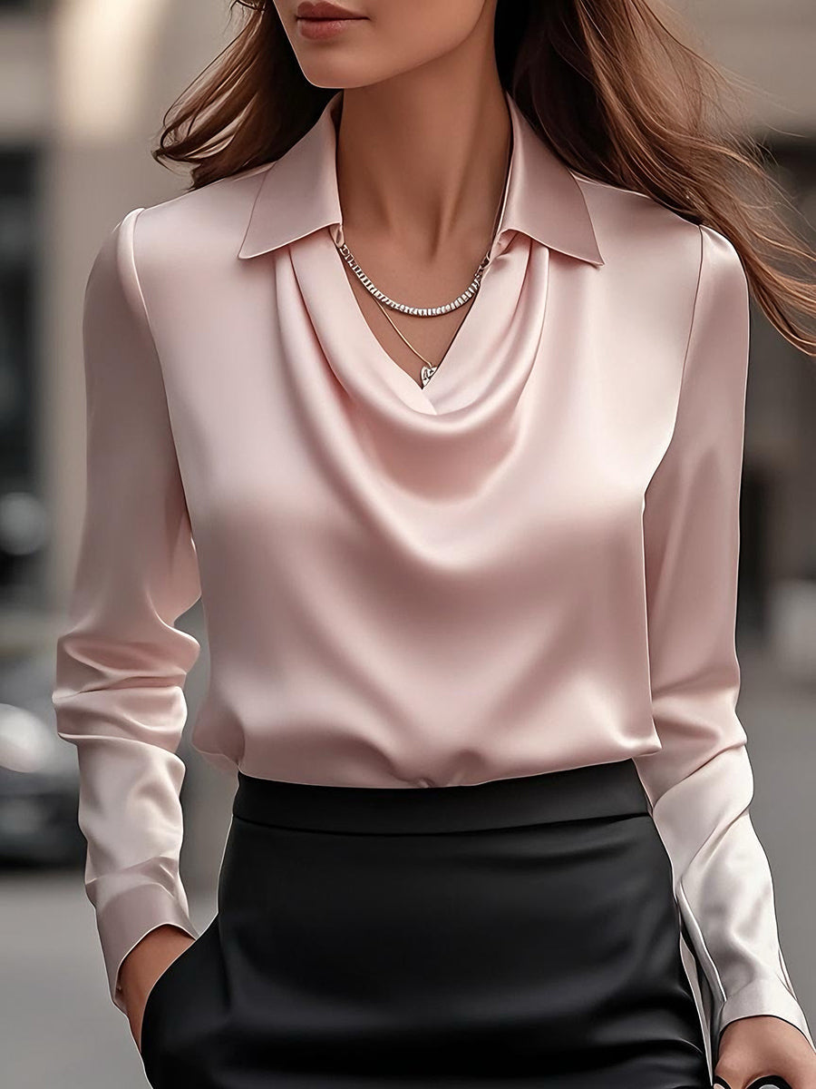 Elegant White Satin Blouse With Draped Neckline