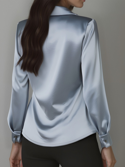 Elegant White Satin Blouse With Draped Neckline