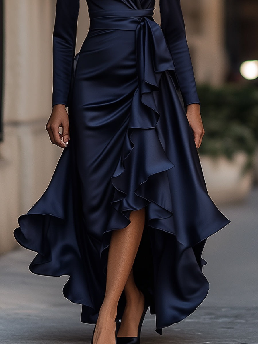 Draped Satin Maxi Dress With Ruffle Details